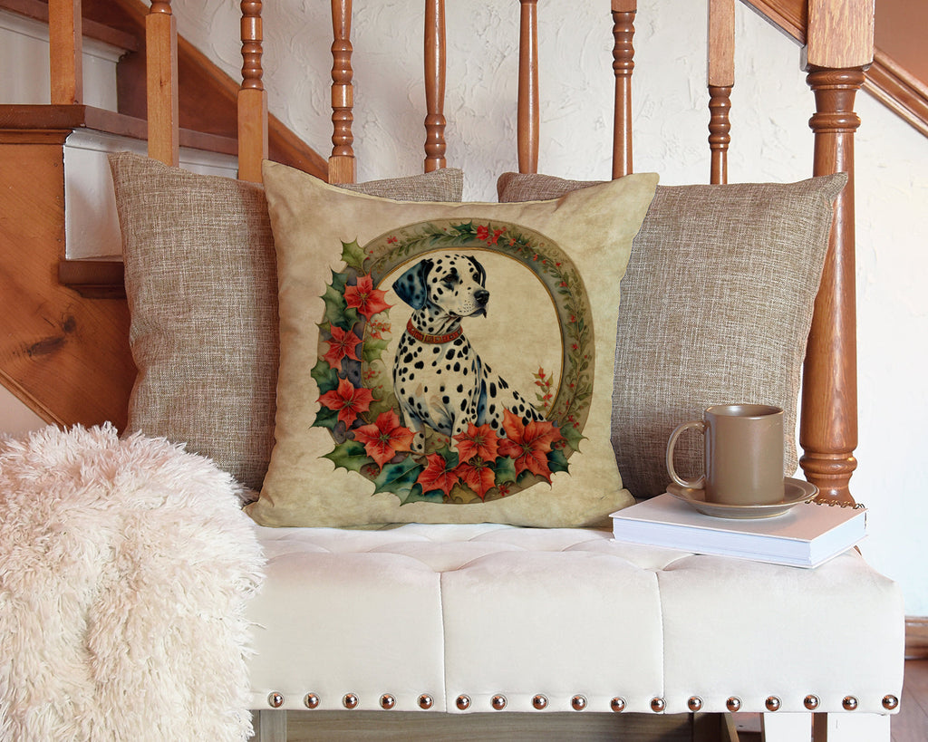 Dalmatian Christmas Flowers Decorative Throw Pillow 14x14 Indoor Outdoor Accent Cushion, Fabric Cover with Insert for Sofa, Bed, Porch & Living Room