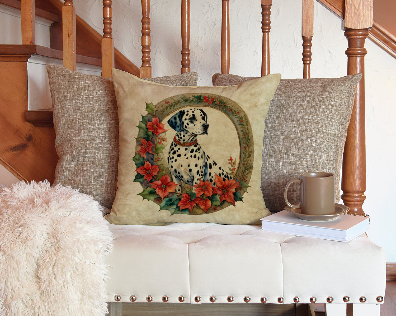 Dalmatian Christmas Flowers Decorative Throw Pillow 14x14 Indoor Outdoor Accent Cushion, Fabric Cover with Insert for Sofa, Bed, Porch & Living Room