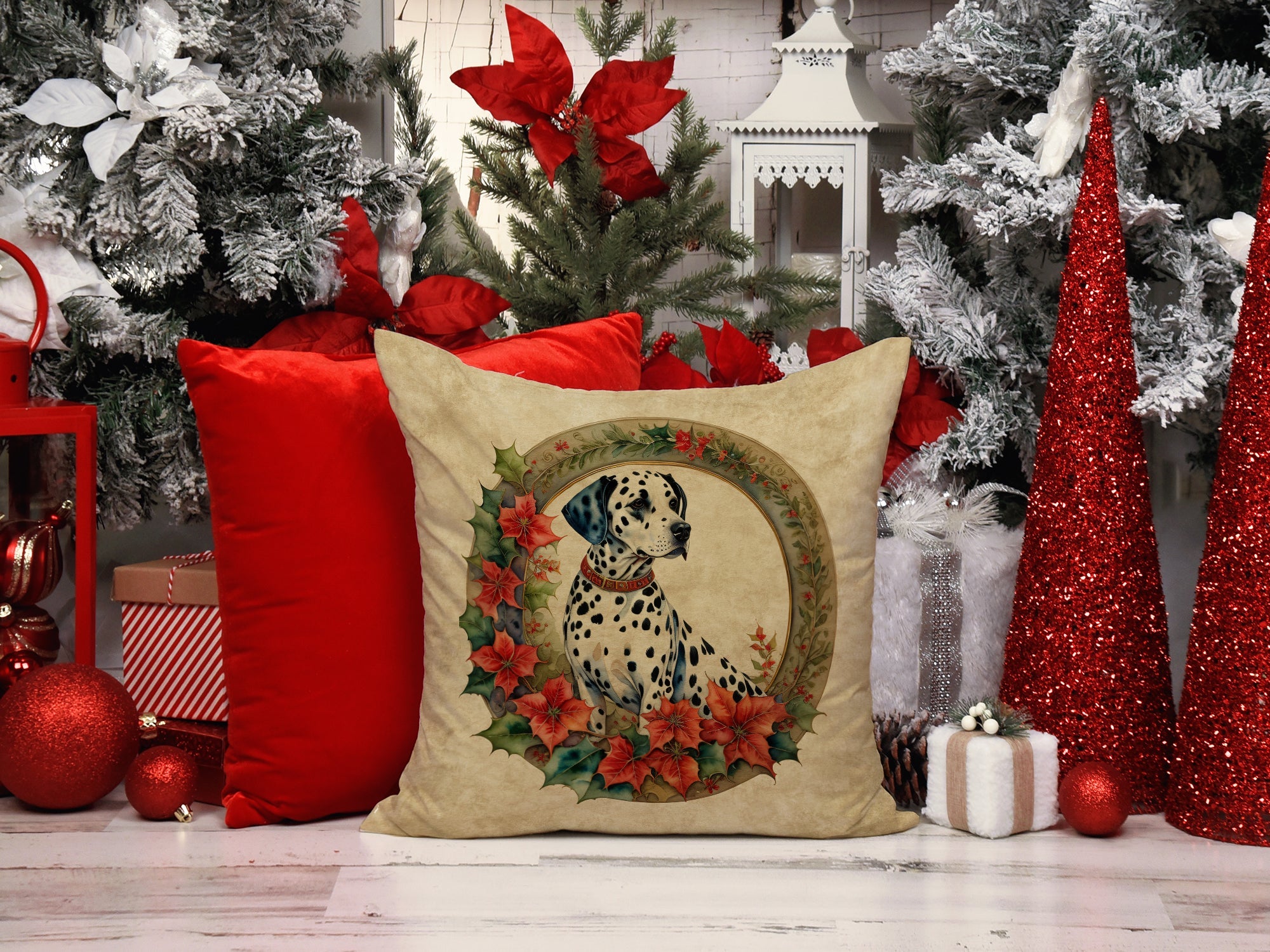 Dalmatian Christmas Flowers Decorative Throw Pillow 18x18 Indoor Outdoor Accent Cushion, Fabric Cover with Insert for Sofa, Bed, Porch & Living Room
