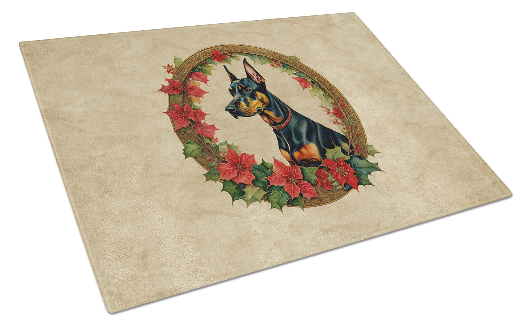 Doberman Pinscher Christmas Flowers Cutting Board Tempered Glass Kitchen Cutting Surface, Heat Resistant Chopping, Non-Slip Feet, Food Prep & Serving