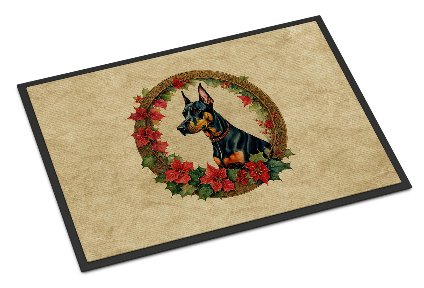 Doberman Pinscher Christmas Flowers Doormat Indoor Outdoor 18H X 27W Front Door Mat Rugs for Entryway, Non Slip Washable