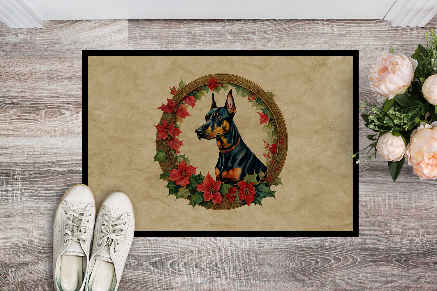 Doberman Pinscher Christmas Flowers Doormat Indoor Outdoor 18H X 27W Front Door Mat Rugs for Entryway, Non Slip Washable