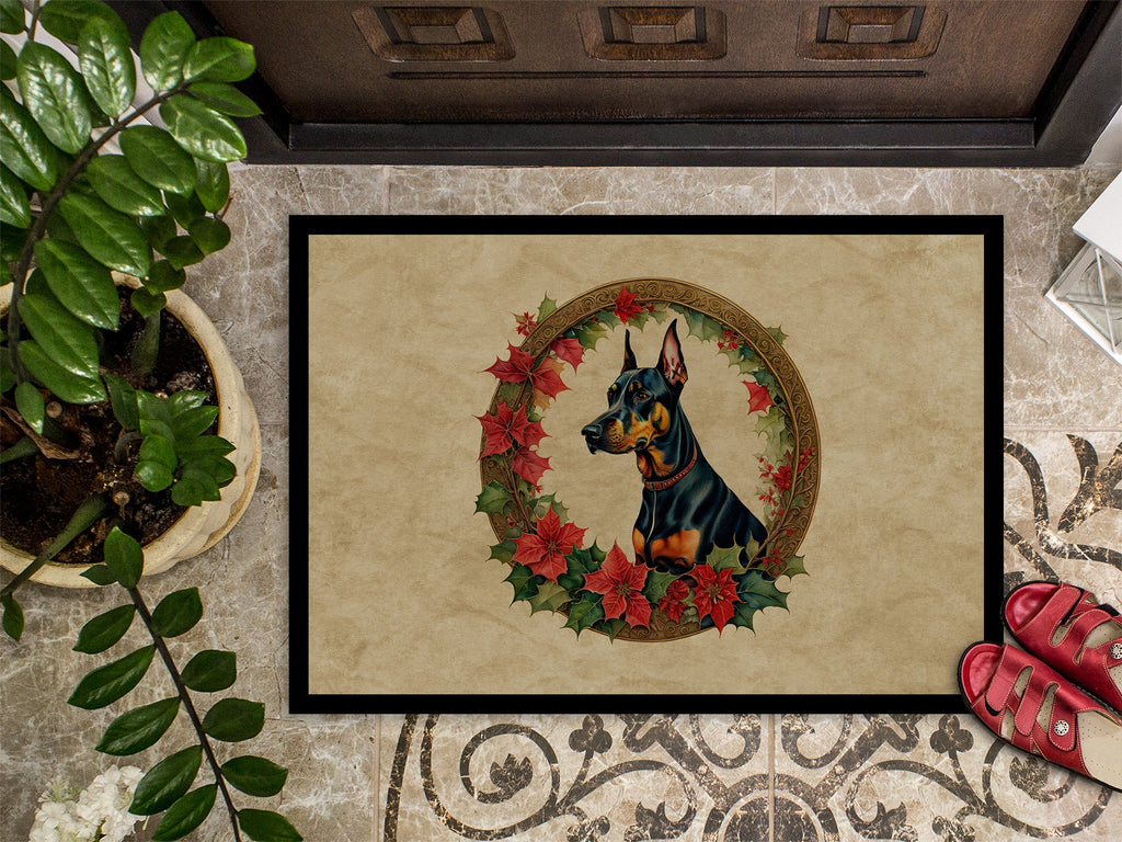 Doberman Pinscher Christmas Flowers Doormat Indoor Outdoor 18H X 27W Front Door Mat Rugs for Entryway, Non Slip Washable