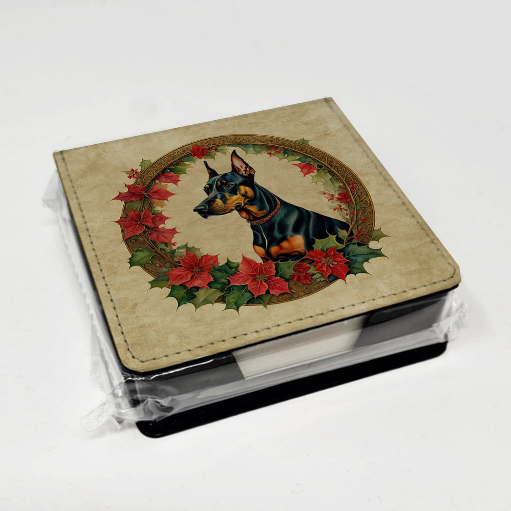 Doberman Pinscher Christmas Flowers PU Leather Note Paper Holder with Artist-Designed Cover, Desk Accessory, Office Gift