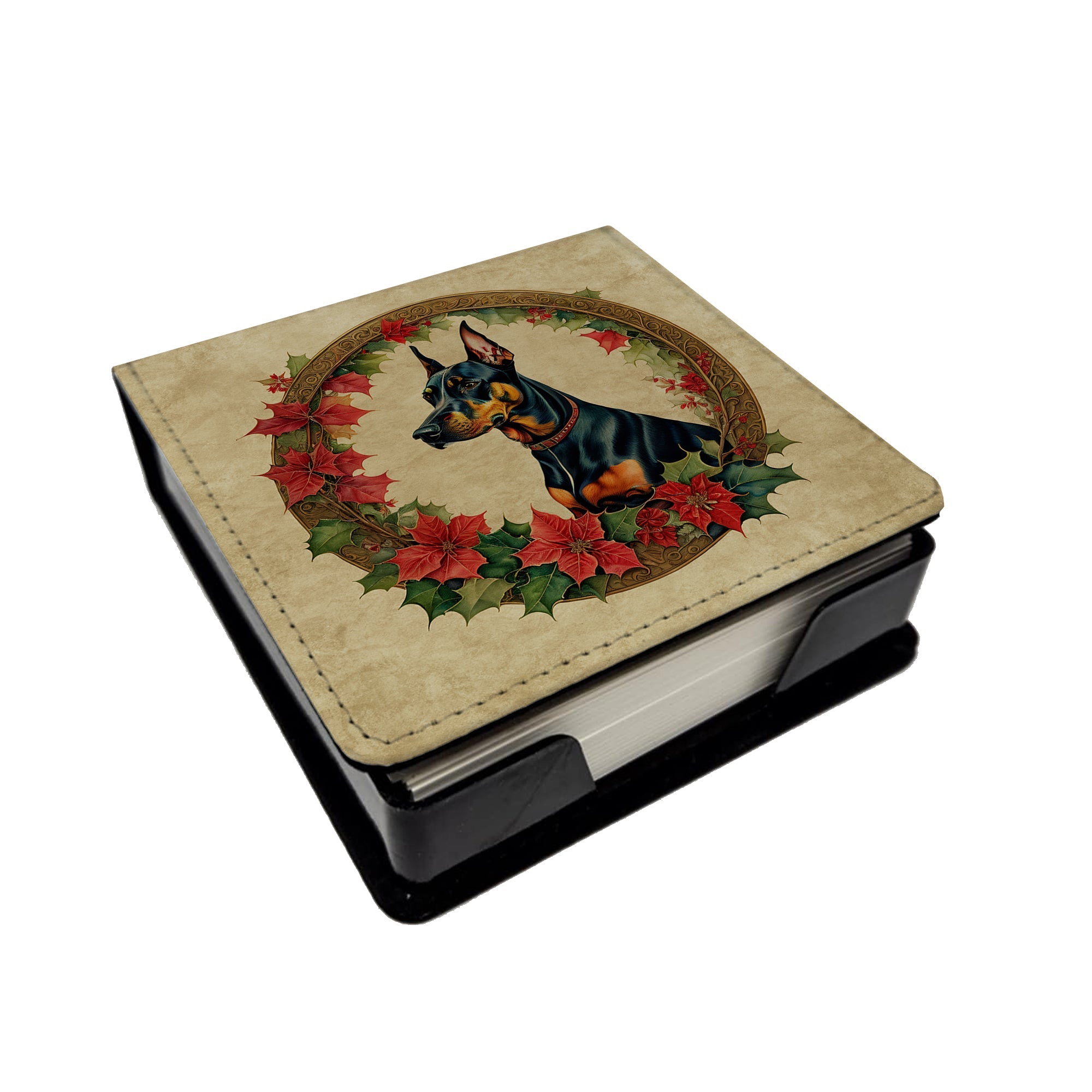 Doberman Pinscher Christmas Flowers PU Leather Note Paper Holder with Artist-Designed Cover, Desk Accessory, Office Gift