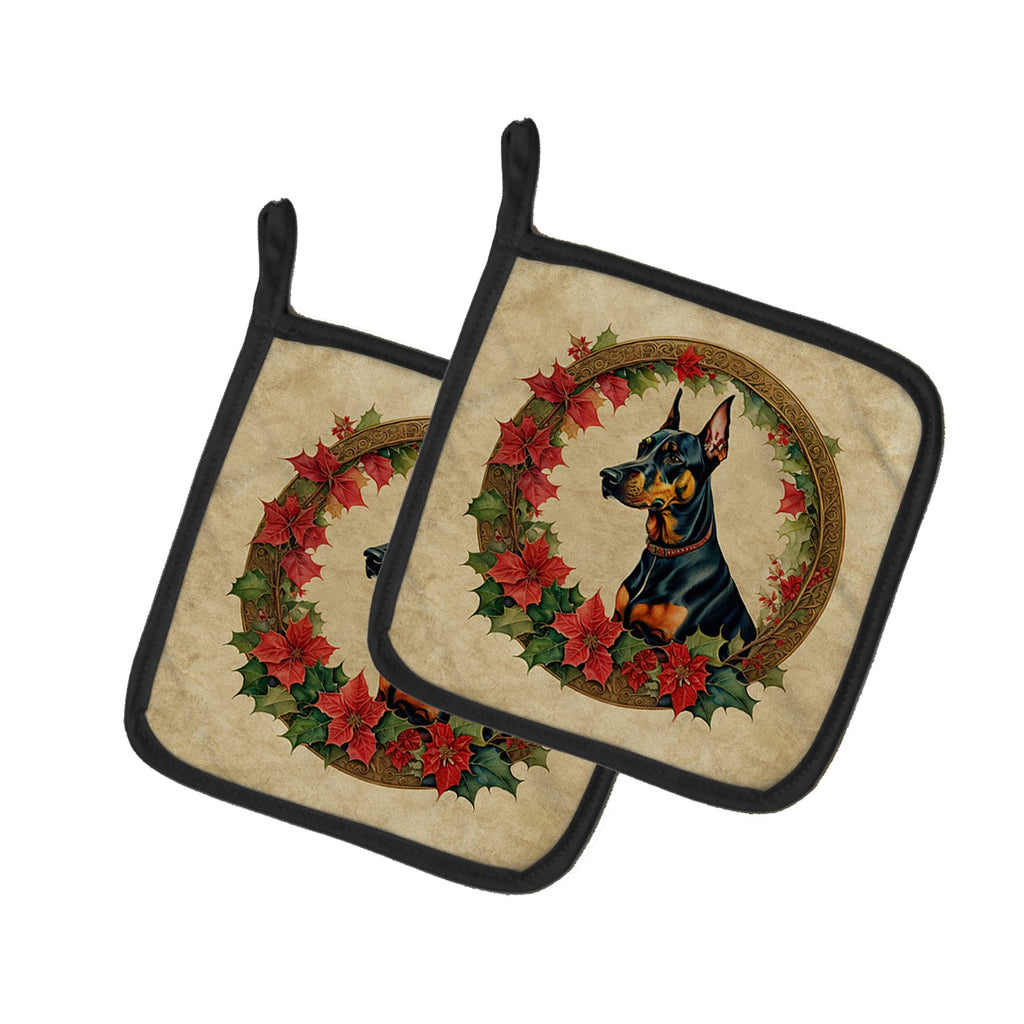 Doberman Pinscher Christmas Flowers Pot Holder Set of 2 Heat Resistant Quilted Hot Pads 7.5 x 7.5 Inch, Insulated Kitchen Trivets for Cooking & Baking
