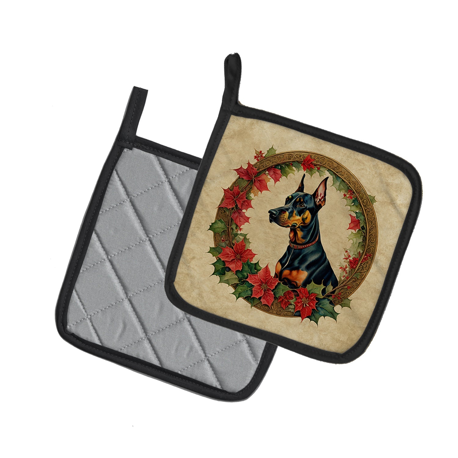 Doberman Pinscher Christmas Flowers Pot Holder Set of 2 Heat Resistant Quilted Hot Pads 7.5 x 7.5 Inch, Insulated Kitchen Trivets for Cooking & Baking