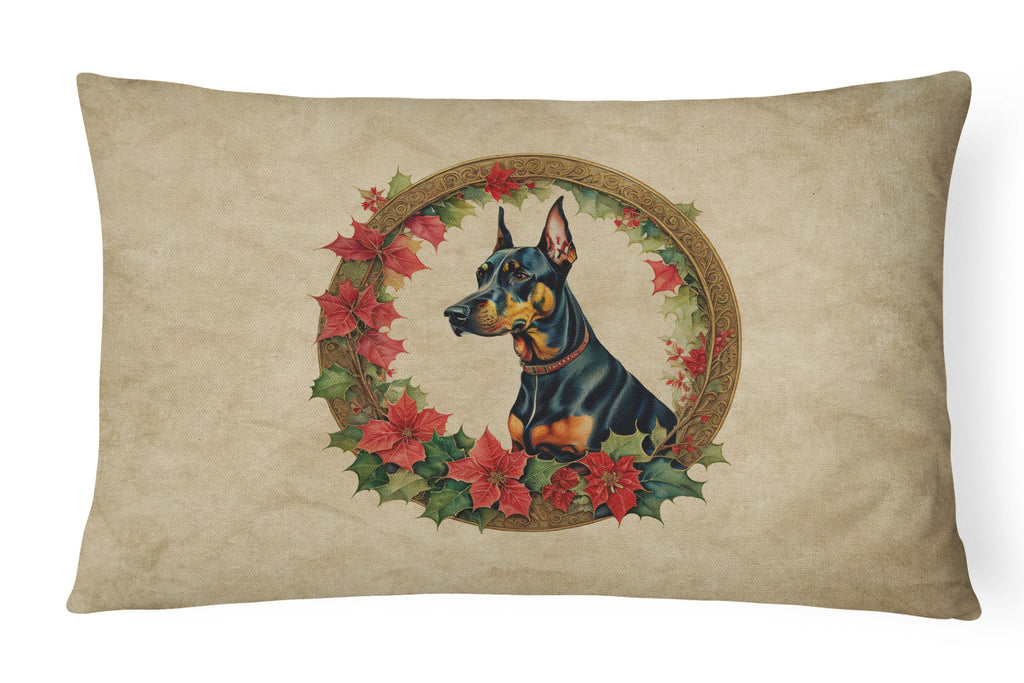 Doberman Pinscher Christmas Flowers Decorative Throw Pillow 12x16 Indoor Outdoor Accent Cushion, Fabric Cover with Insert for Sofa, Bed, Porch & Living Room