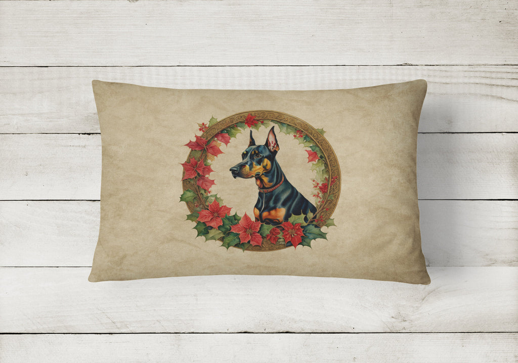 Doberman Pinscher Christmas Flowers Decorative Throw Pillow 12x16 Indoor Outdoor Accent Cushion, Fabric Cover with Insert for Sofa, Bed, Porch & Living Room