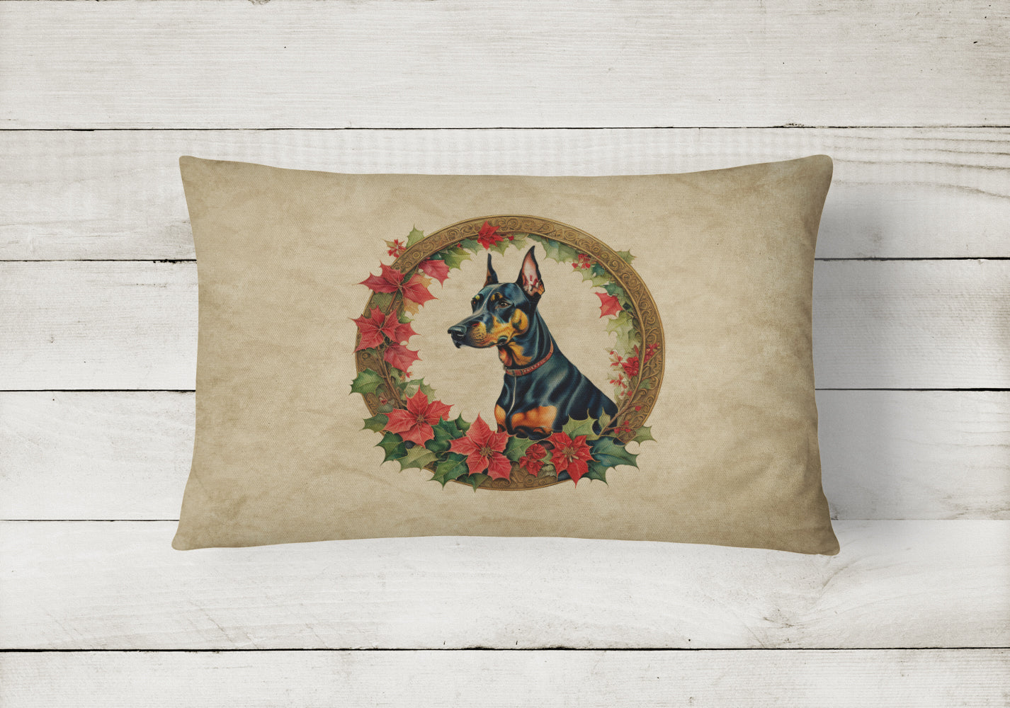 Doberman Pinscher Christmas Flowers Decorative Throw Pillow 12x16 Indoor Outdoor Accent Cushion, Fabric Cover with Insert for Sofa, Bed, Porch & Living Room