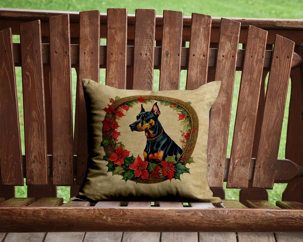 Doberman Pinscher Christmas Flowers Decorative Throw Pillow 14x14 Indoor Outdoor Accent Cushion, Fabric Cover with Insert for Sofa, Bed, Porch & Living Room