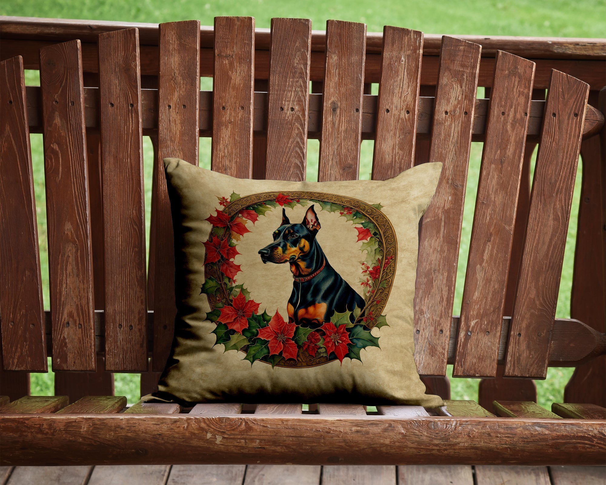 Doberman Pinscher Christmas Flowers Decorative Throw Pillow 14x14 Indoor Outdoor Accent Cushion, Fabric Cover with Insert for Sofa, Bed, Porch & Living Room