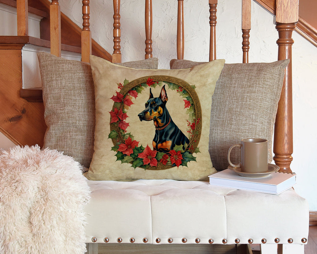 Doberman Pinscher Christmas Flowers Decorative Throw Pillow 14x14 Indoor Outdoor Accent Cushion, Fabric Cover with Insert for Sofa, Bed, Porch & Living Room
