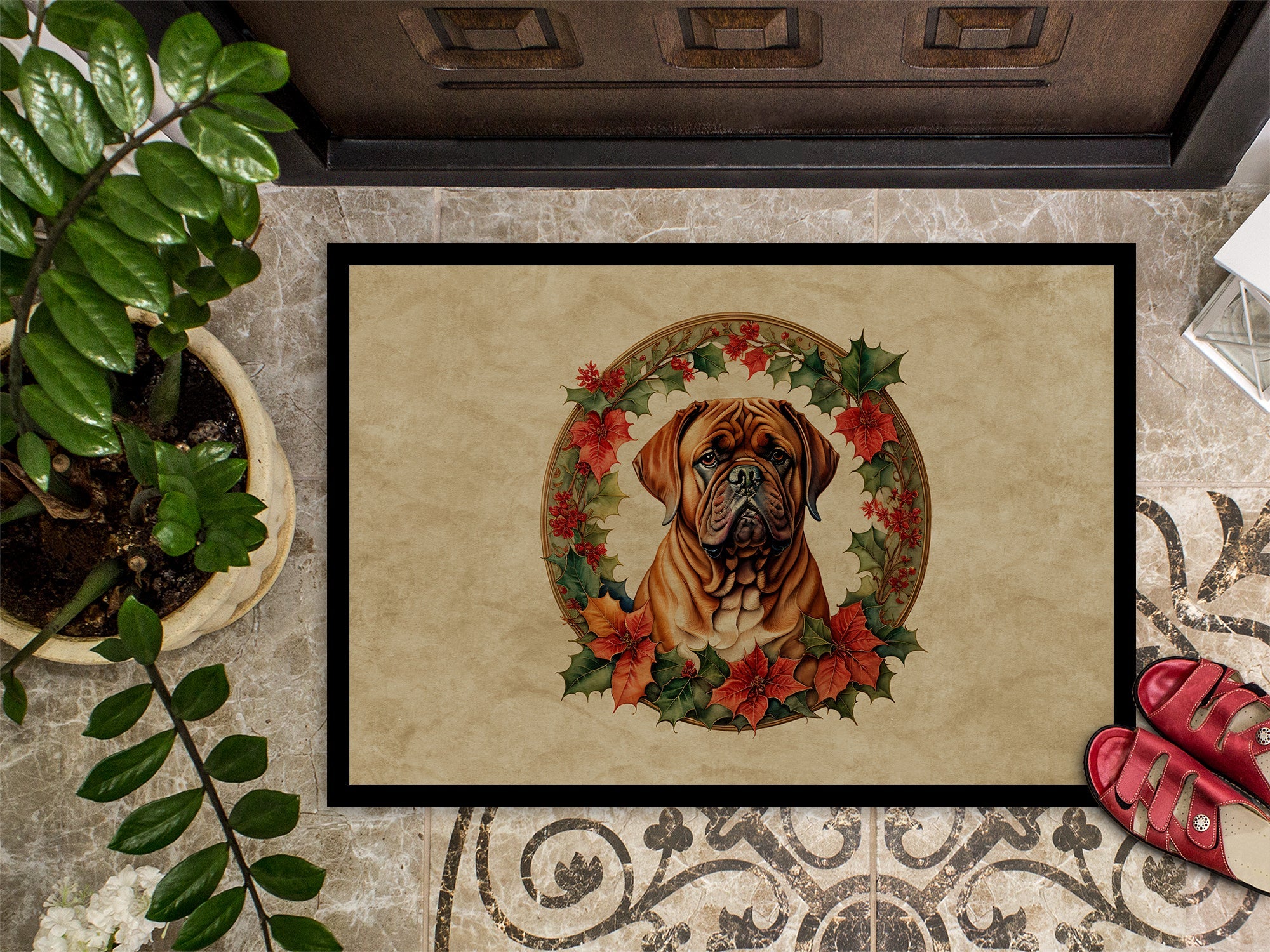 Dogue de Bordeaux Christmas Flowers Doormat Indoor Outdoor 24H X 36W Front Door Mat Rugs for Entryway, Non Slip Washable Low Pile,