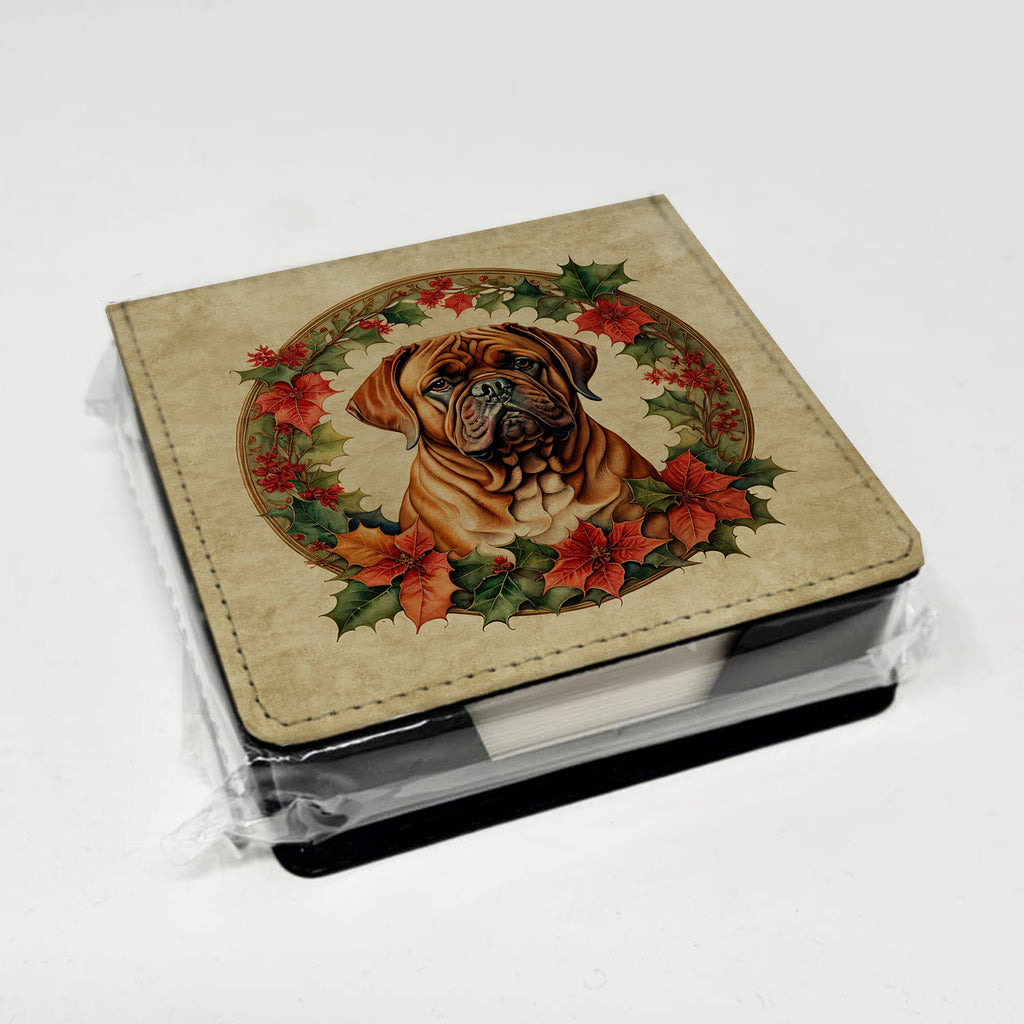 Dogue de Bordeaux Christmas Flowers PU Leather Note Paper Holder with Artist-Designed Cover, Desk Accessory, Office Gift