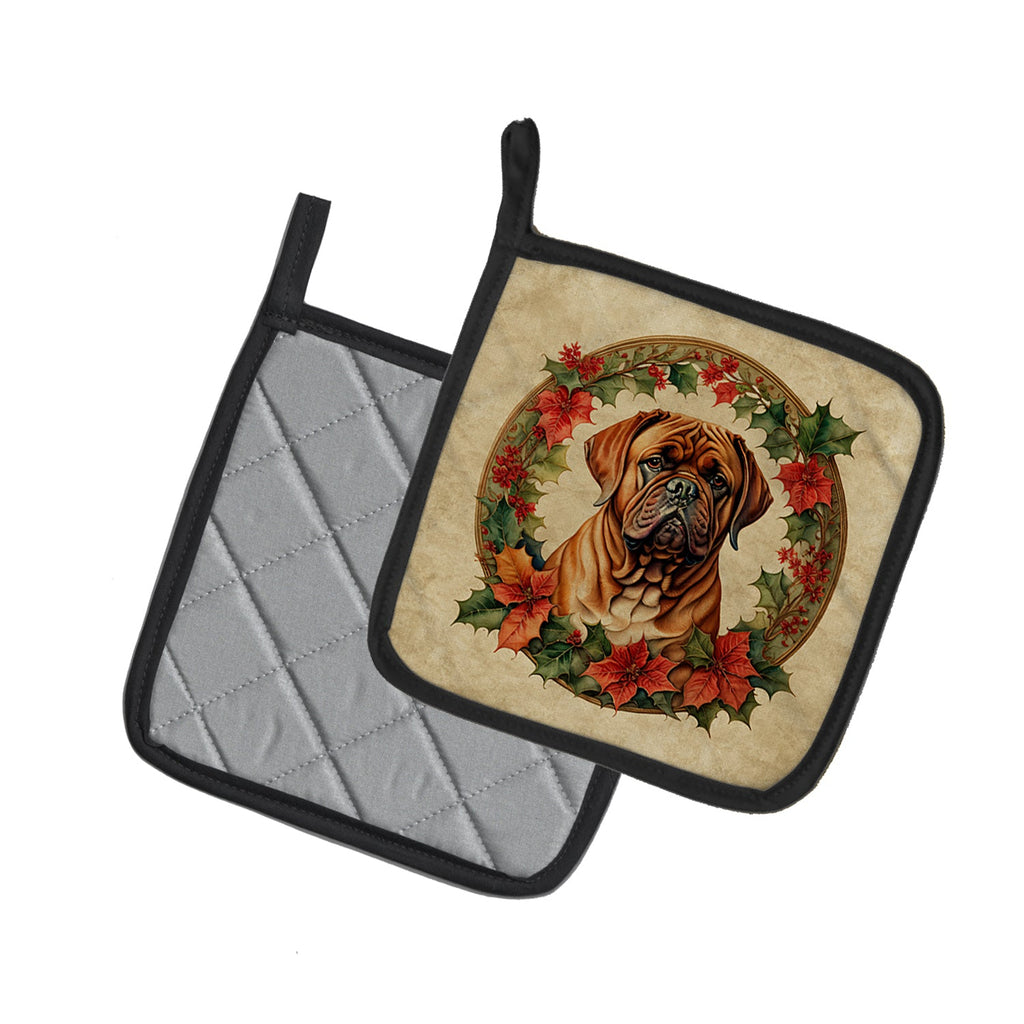 Dogue de Bordeaux Christmas Flowers Pot Holder Set of 2 Heat Resistant Quilted Hot Pads 7.5 x 7.5 Inch, Insulated Kitchen Trivets for Cooking & Baking