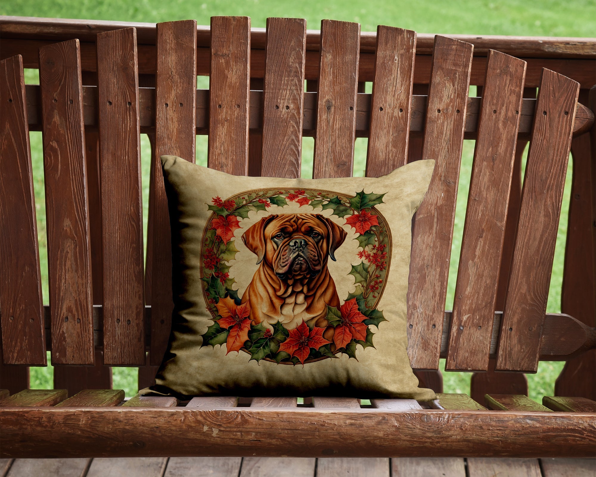 Dogue de Bordeaux Christmas Flowers Decorative Throw Pillow 14x14 Indoor Outdoor Accent Cushion, Fabric Cover with Insert for Sofa, Bed, Porch & Living Room