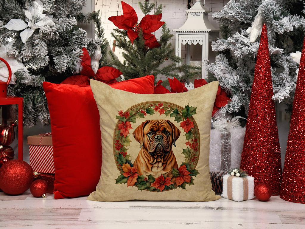 Dogue de Bordeaux Christmas Flowers Decorative Throw Pillow 18x18 Indoor Outdoor Accent Cushion, Fabric Cover with Insert for Sofa, Bed, Porch & Living Room