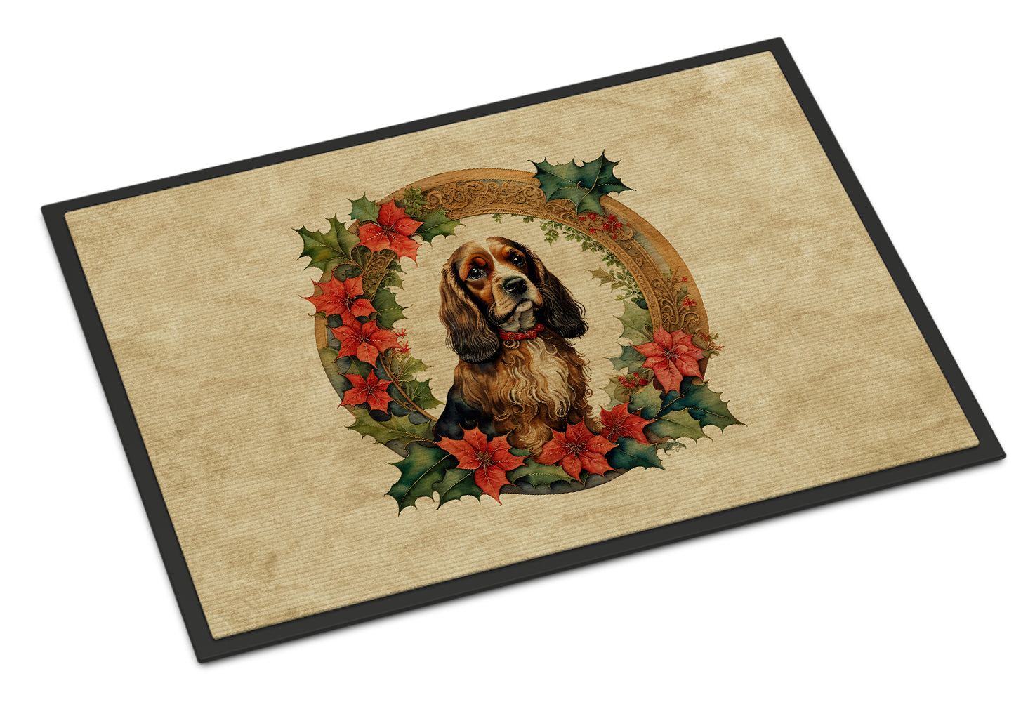 English Cocker Spaniel Christmas Flowers Doormat Indoor Outdoor 24H X 36W Front Door Mat Rugs for Entryway, Non Slip Washable Low Pile,