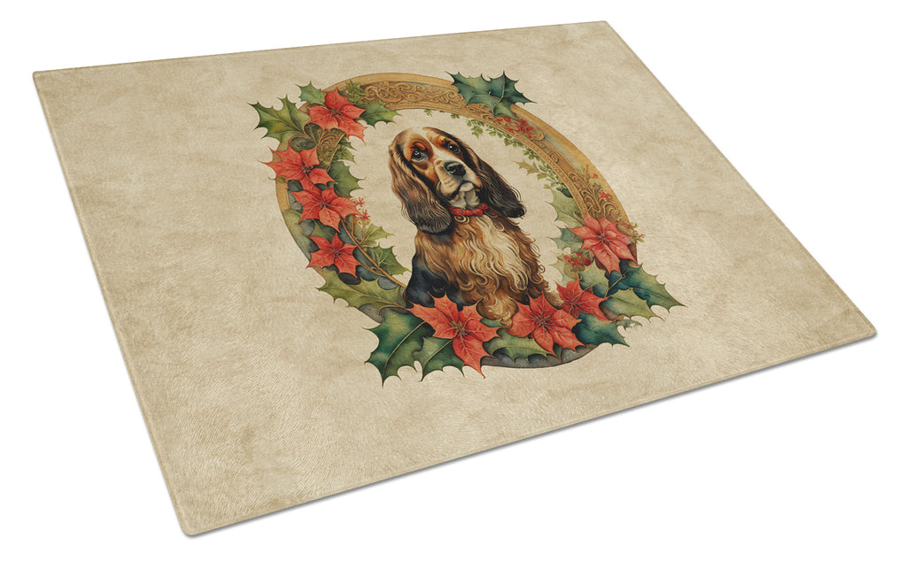 English Cocker Spaniel Christmas Flowers Cutting Board Tempered Glass Kitchen Cutting Surface, Heat Resistant Chopping, Non-Slip Feet, Food Prep & Serving