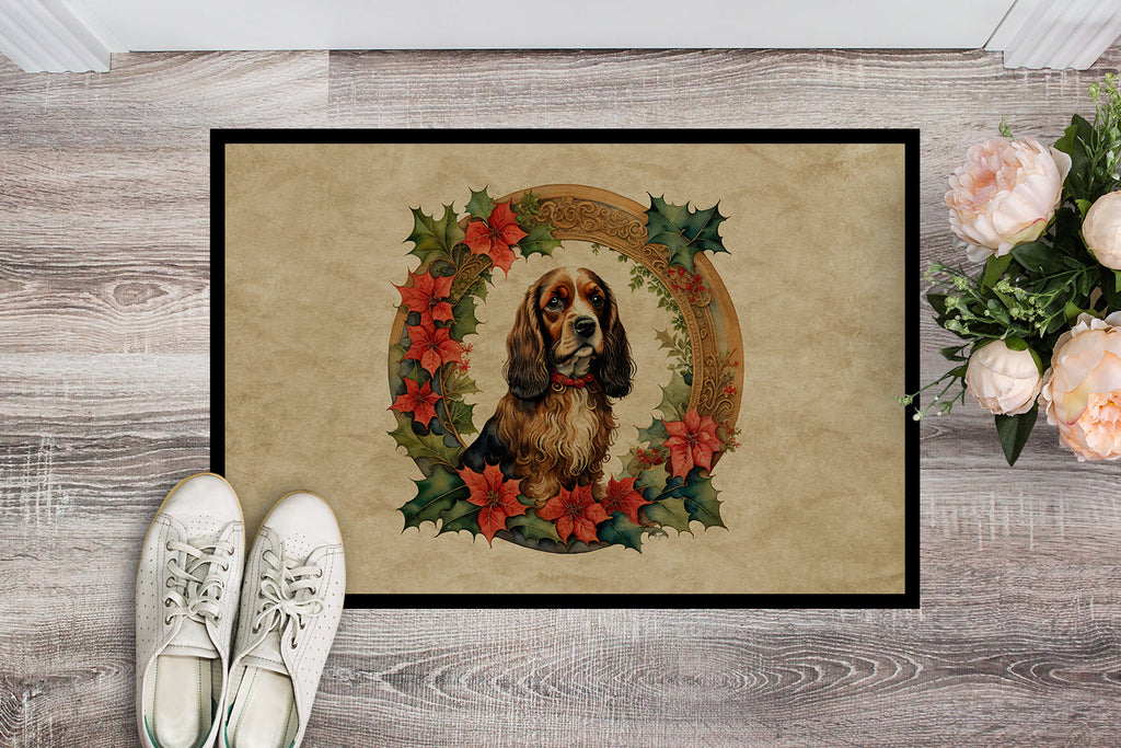 English Cocker Spaniel Christmas Flowers Doormat Indoor Outdoor 18H X 27W Front Door Mat Rugs for Entryway, Non Slip Washable