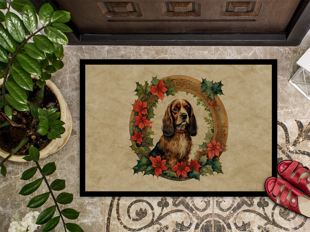 English Cocker Spaniel Christmas Flowers Doormat Indoor Outdoor 18H X 27W Front Door Mat Rugs for Entryway, Non Slip Washable