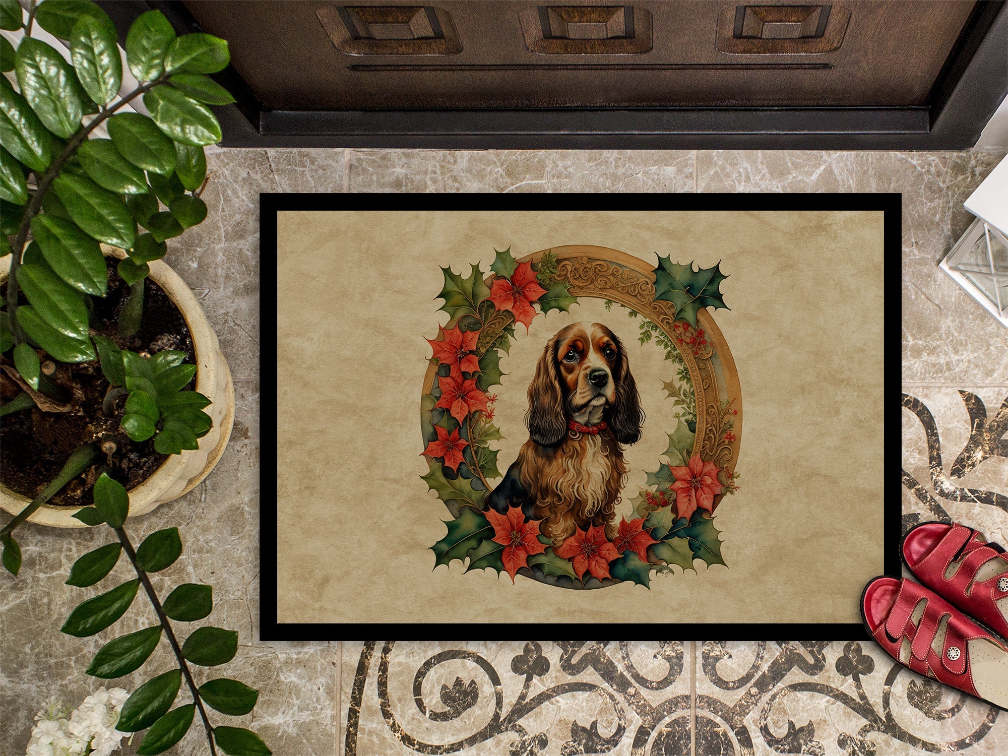English Cocker Spaniel Christmas Flowers Doormat Indoor Outdoor 18H X 27W Front Door Mat Rugs for Entryway, Non Slip Washable
