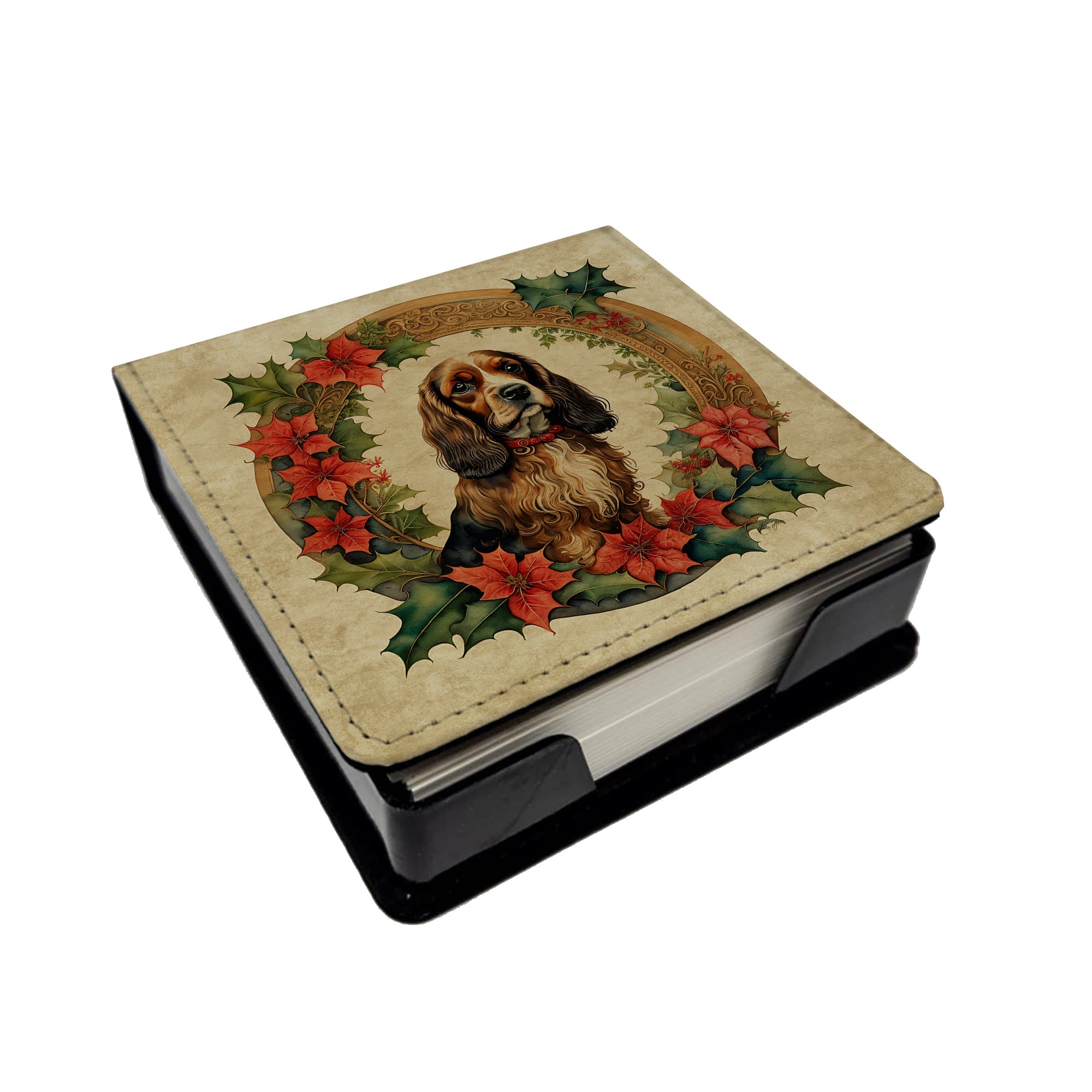 English Cocker Spaniel Christmas Flowers PU Leather Note Paper Holder with Artist-Designed Cover, Desk Accessory, Office Gift