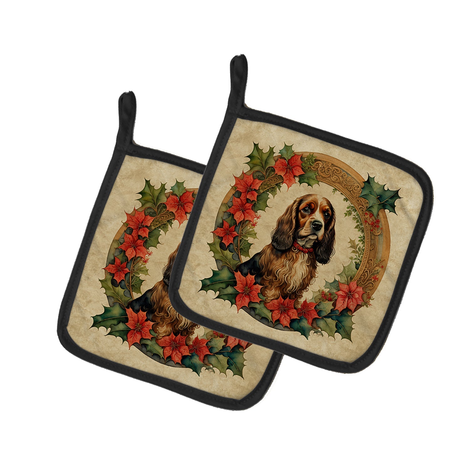 English Cocker Spaniel Christmas Flowers Pot Holder Set of 2 Heat Resistant Quilted Hot Pads 7.5 x 7.5 Inch, Insulated Kitchen Trivets for Cooking & Baking