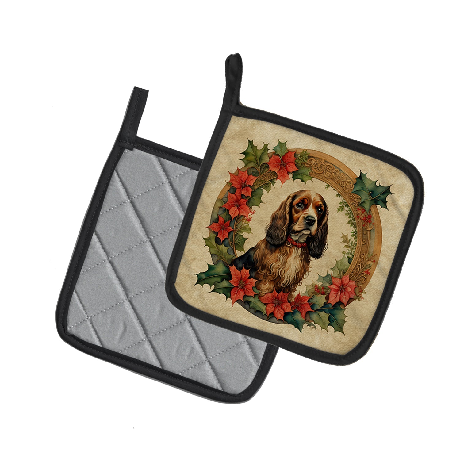 English Cocker Spaniel Christmas Flowers Pot Holder Set of 2 Heat Resistant Quilted Hot Pads 7.5 x 7.5 Inch, Insulated Kitchen Trivets for Cooking & Baking