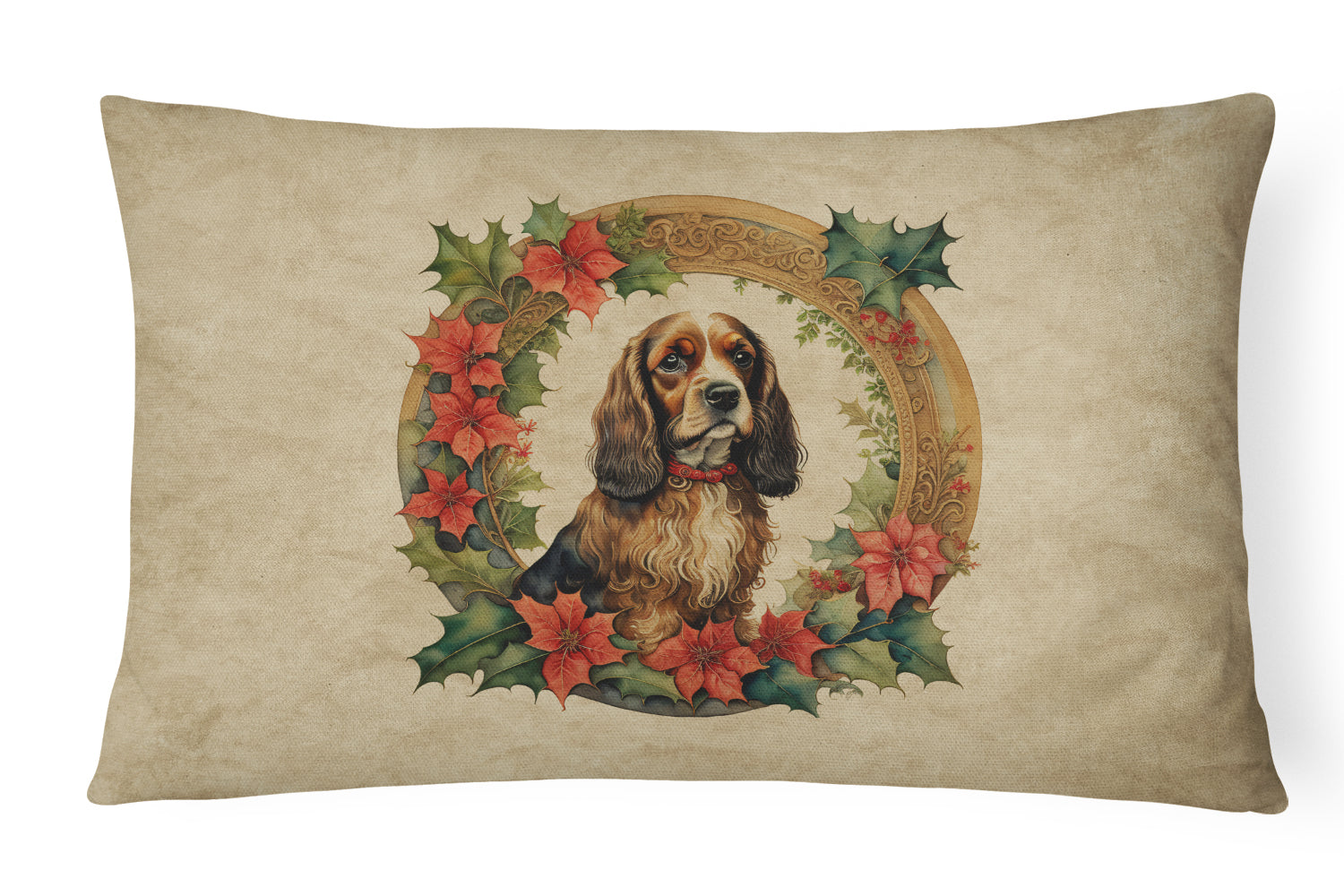 English Cocker Spaniel Christmas Flowers Decorative Throw Pillow 12x16 Indoor Outdoor Accent Cushion, Fabric Cover with Insert for Sofa, Bed, Porch & Living Room