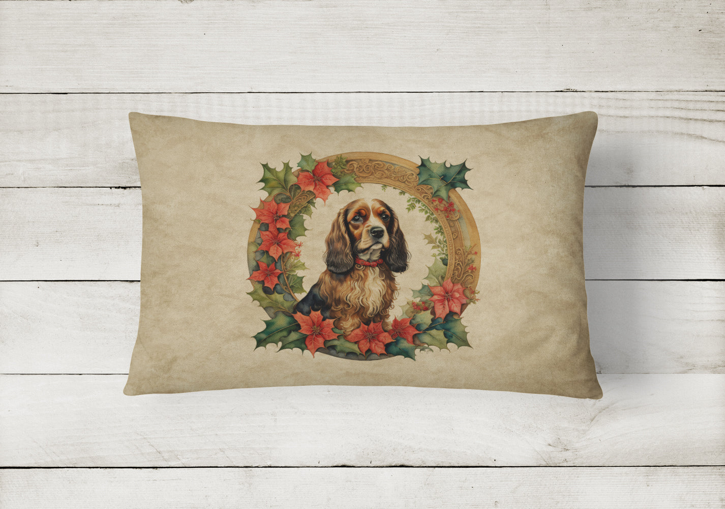 English Cocker Spaniel Christmas Flowers Decorative Throw Pillow 12x16 Indoor Outdoor Accent Cushion, Fabric Cover with Insert for Sofa, Bed, Porch & Living Room