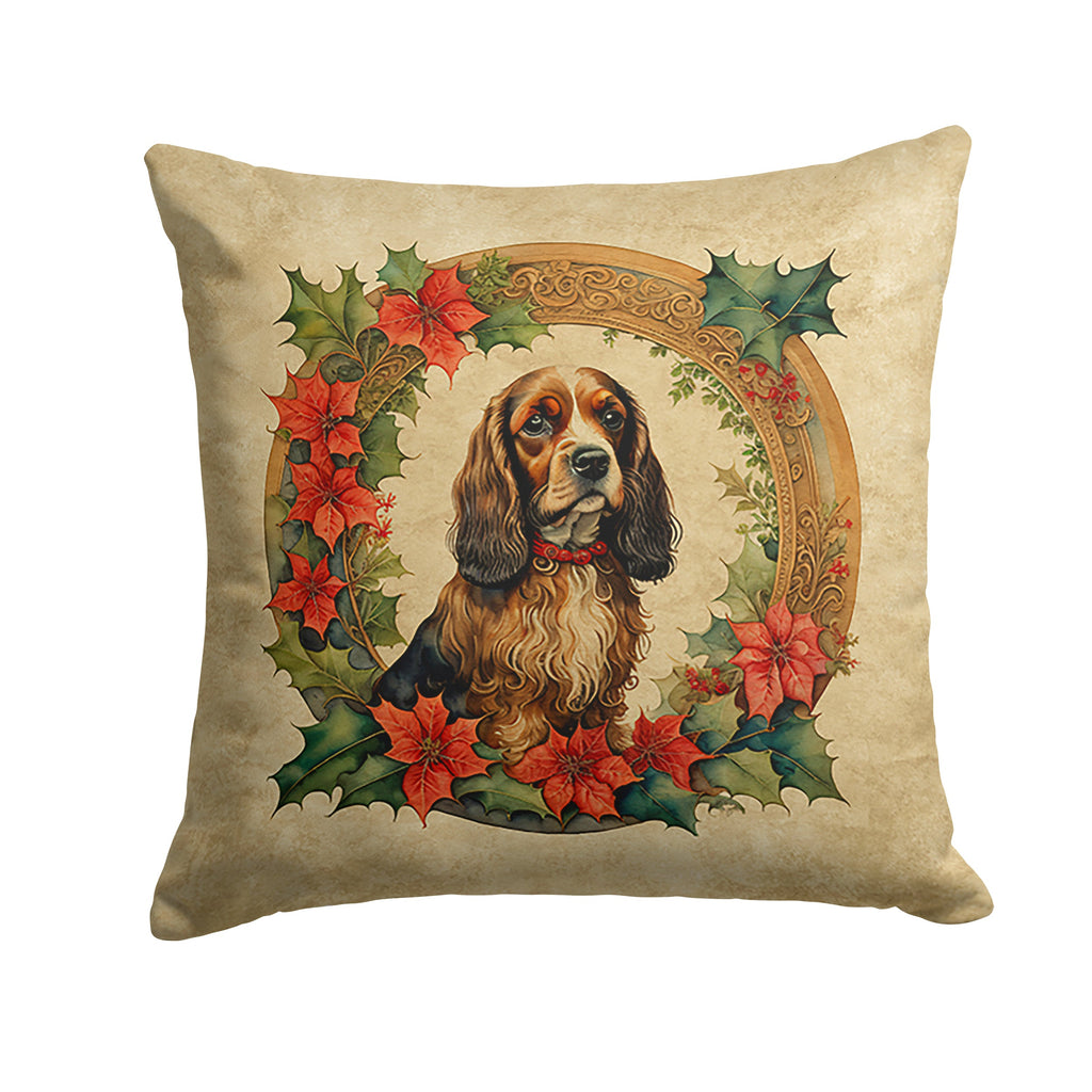 English Cocker Spaniel Christmas Flowers Decorative Throw Pillow 14x14 Indoor Outdoor Accent Cushion, Fabric Cover with Insert for Sofa, Bed, Porch & Living Room