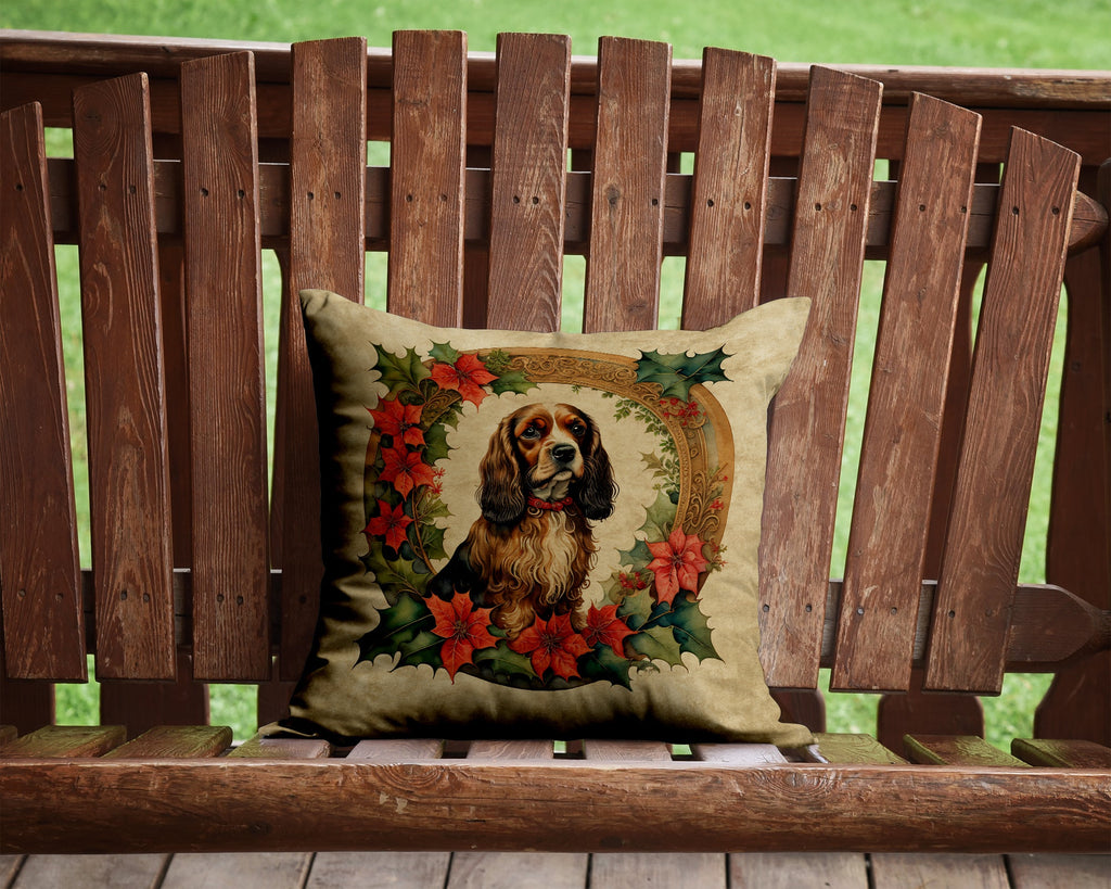 English Cocker Spaniel Christmas Flowers Decorative Throw Pillow 14x14 Indoor Outdoor Accent Cushion, Fabric Cover with Insert for Sofa, Bed, Porch & Living Room