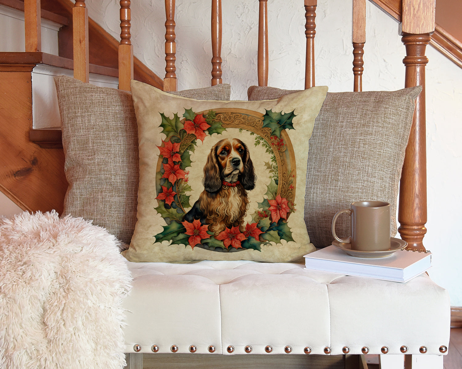 English Cocker Spaniel Christmas Flowers Decorative Throw Pillow 14x14 Indoor Outdoor Accent Cushion, Fabric Cover with Insert for Sofa, Bed, Porch & Living Room