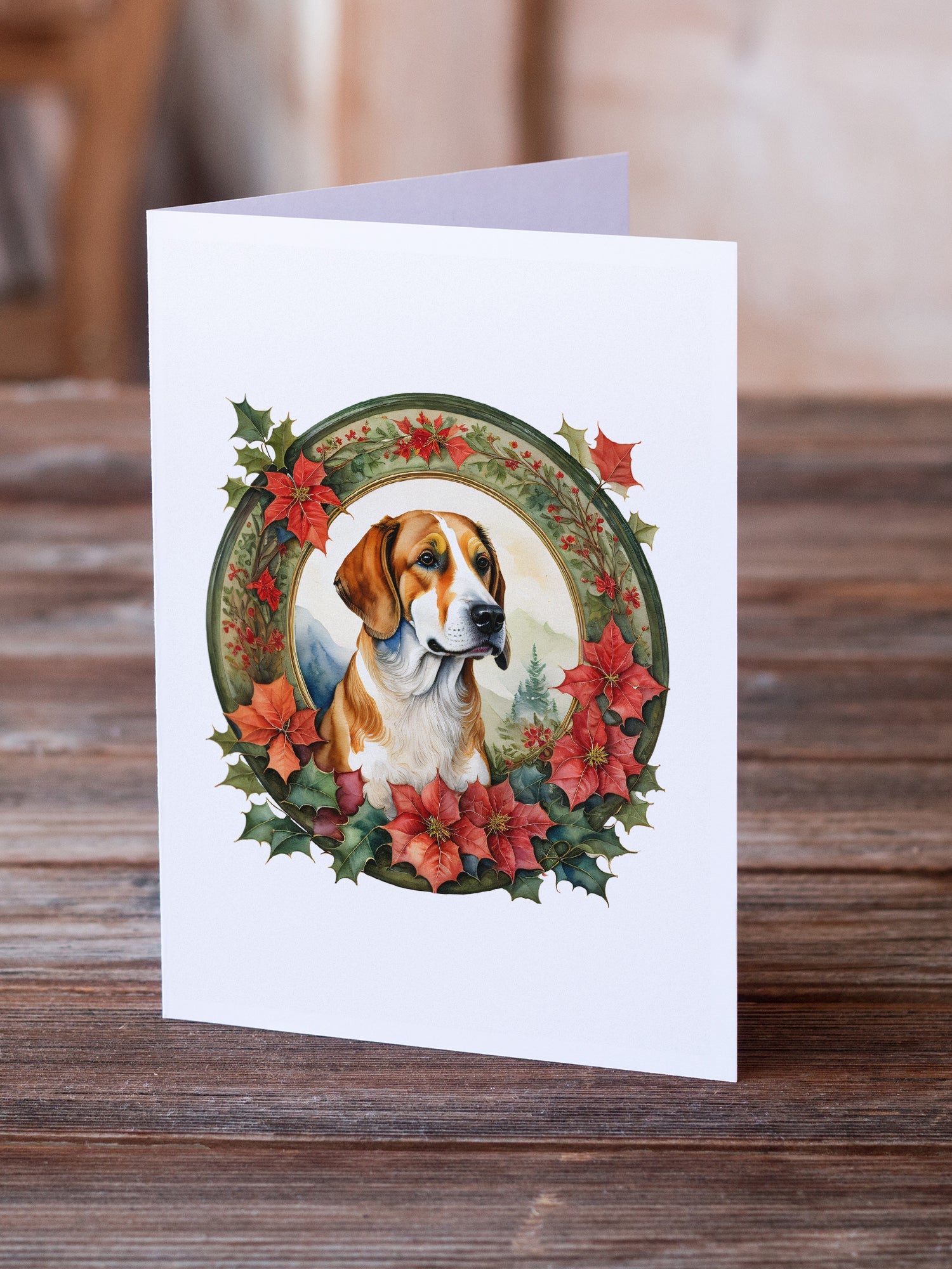 English Foxhound Christmas Flowers Greeting Cards Pack of 8 Blank Cards with Envelopes Whimsical A7 Size 5x7