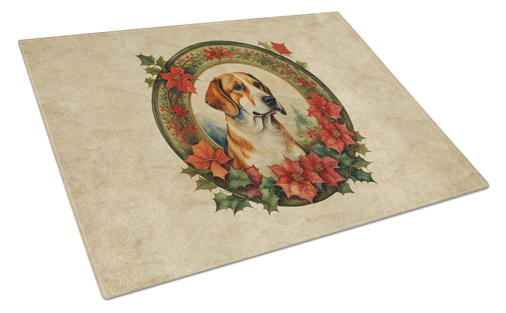 English Foxhound Christmas Flowers Cutting Board Tempered Glass Kitchen Cutting Surface, Heat Resistant Chopping, Non-Slip Feet, Food Prep & Serving