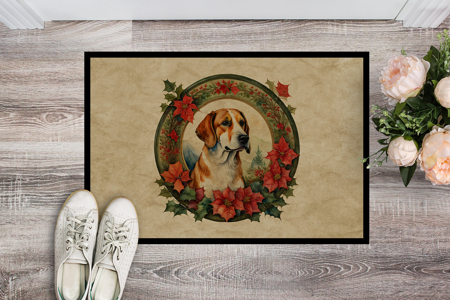 English Foxhound Christmas Flowers Doormat Indoor Outdoor 18H X 27W Front Door Mat Rugs for Entryway, Non Slip Washable