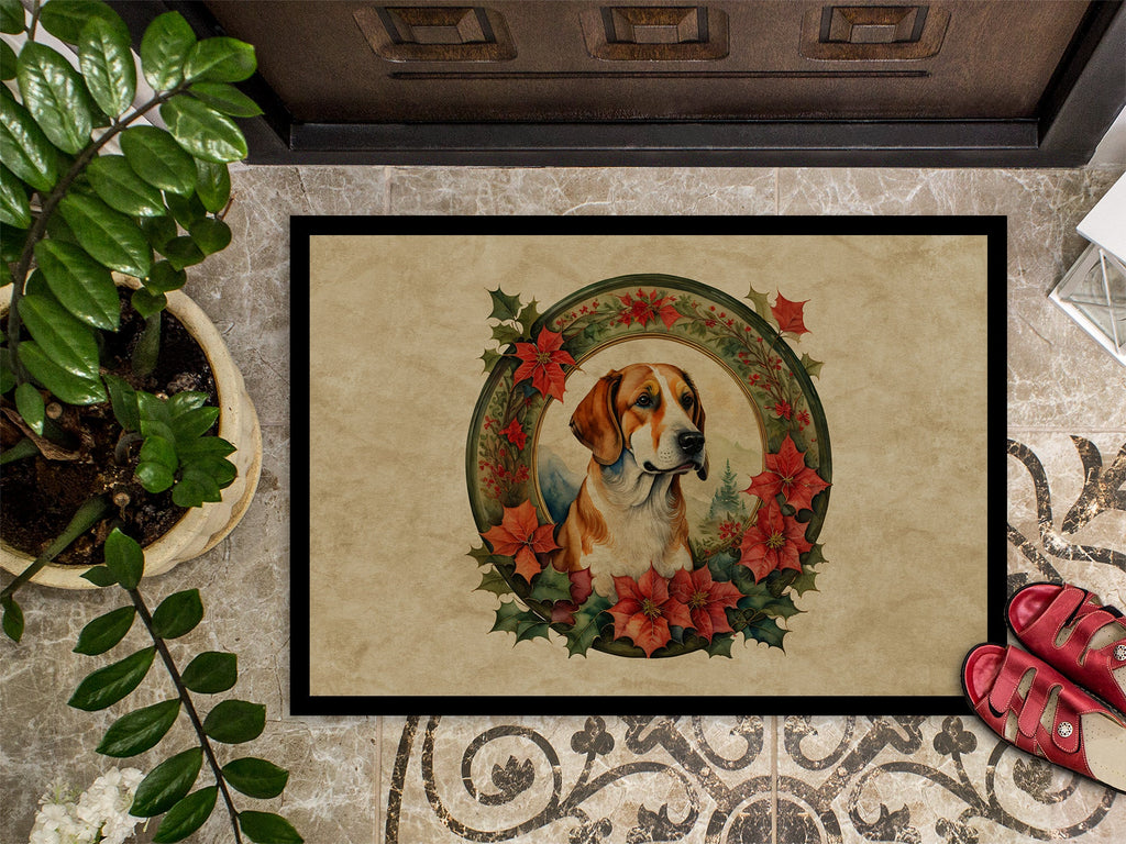 English Foxhound Christmas Flowers Doormat Indoor Outdoor 18H X 27W Front Door Mat Rugs for Entryway, Non Slip Washable