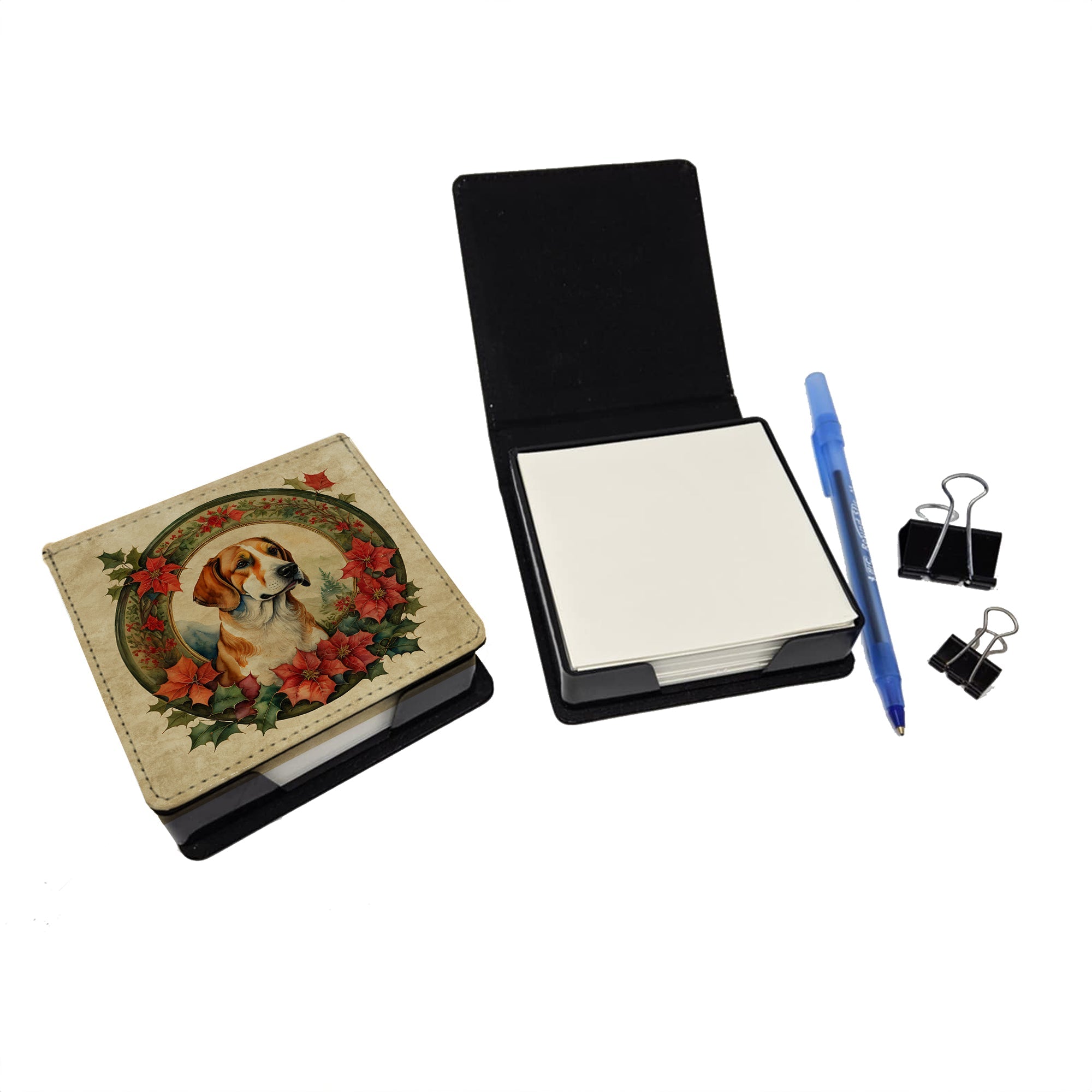 English Foxhound Christmas Flowers PU Leather Note Paper Holder with Artist-Designed Cover, Desk Accessory, Office Gift