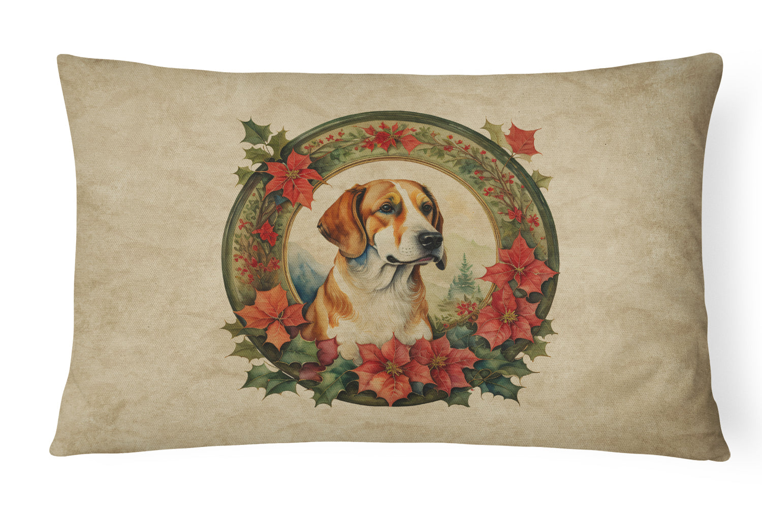 English Foxhound Christmas Flowers Decorative Throw Pillow 12x16 Indoor Outdoor Accent Cushion, Fabric Cover with Insert for Sofa, Bed, Porch & Living Room