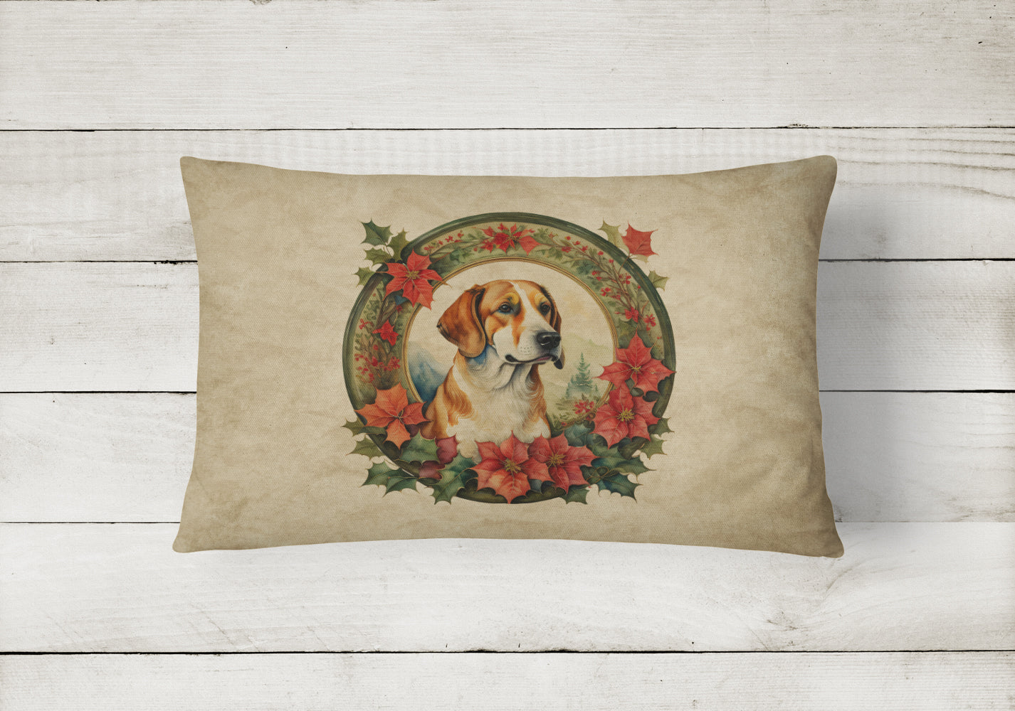 English Foxhound Christmas Flowers Decorative Throw Pillow 12x16 Indoor Outdoor Accent Cushion, Fabric Cover with Insert for Sofa, Bed, Porch & Living Room