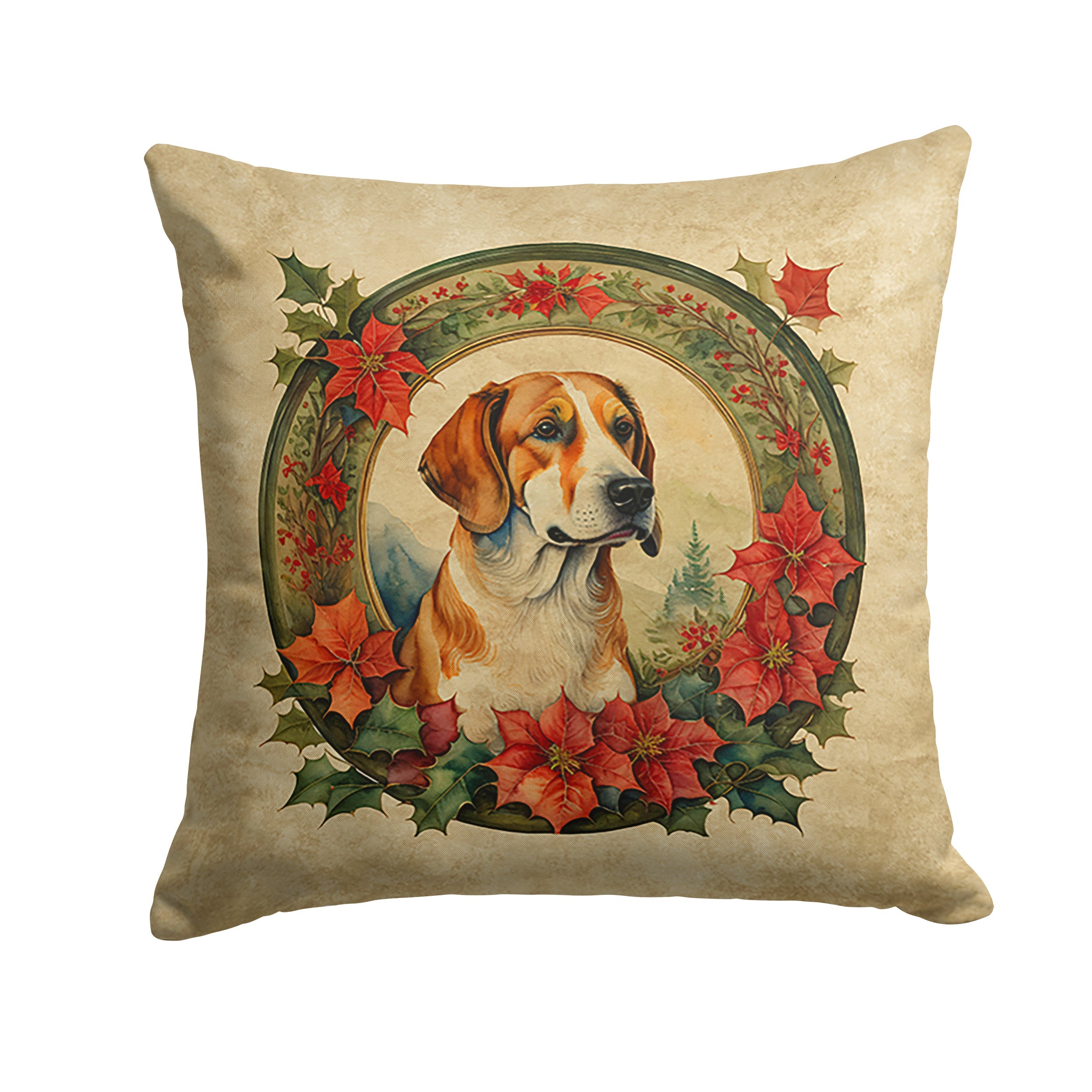 English Foxhound Christmas Flowers Decorative Throw Pillow 18x18 Indoor Outdoor Accent Cushion, Fabric Cover with Insert for Sofa, Bed, Porch & Living Room