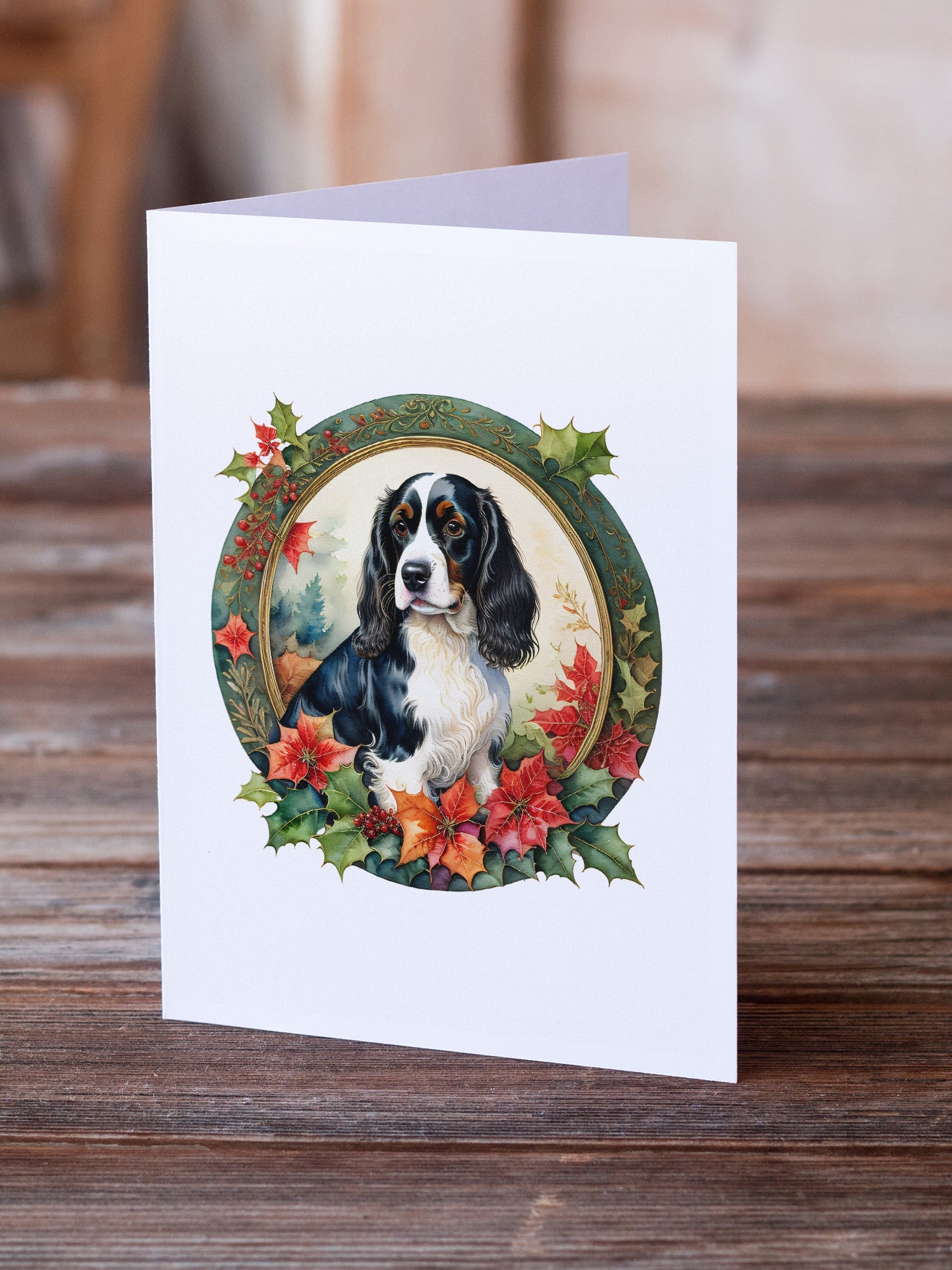 English Springer Spaniel Christmas Flowers Greeting Cards Pack of 8 Blank Cards with Envelopes Whimsical A7 Size 5x7