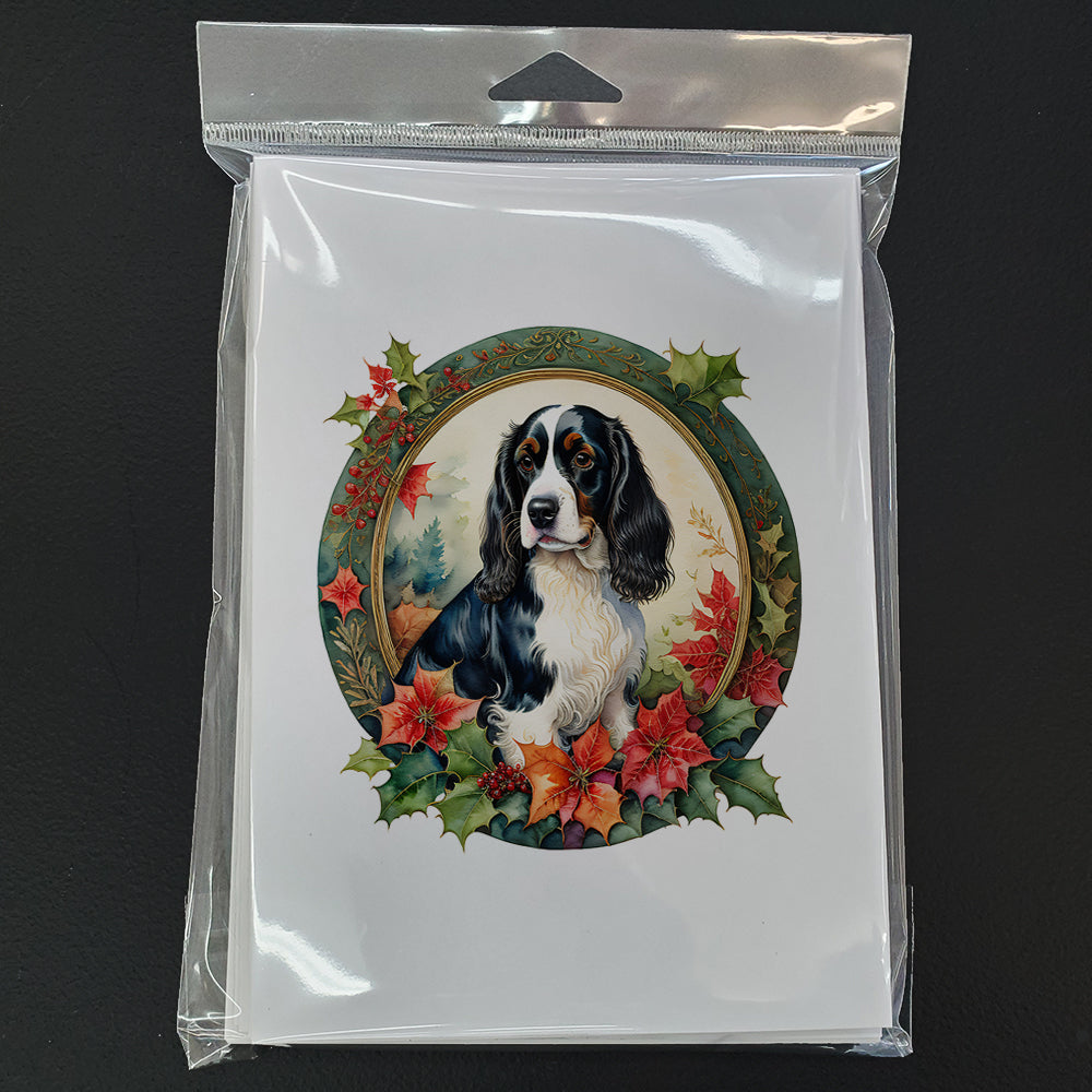 English Springer Spaniel Christmas Flowers Greeting Cards Pack of 8 Blank Cards with Envelopes Whimsical A7 Size 5x7