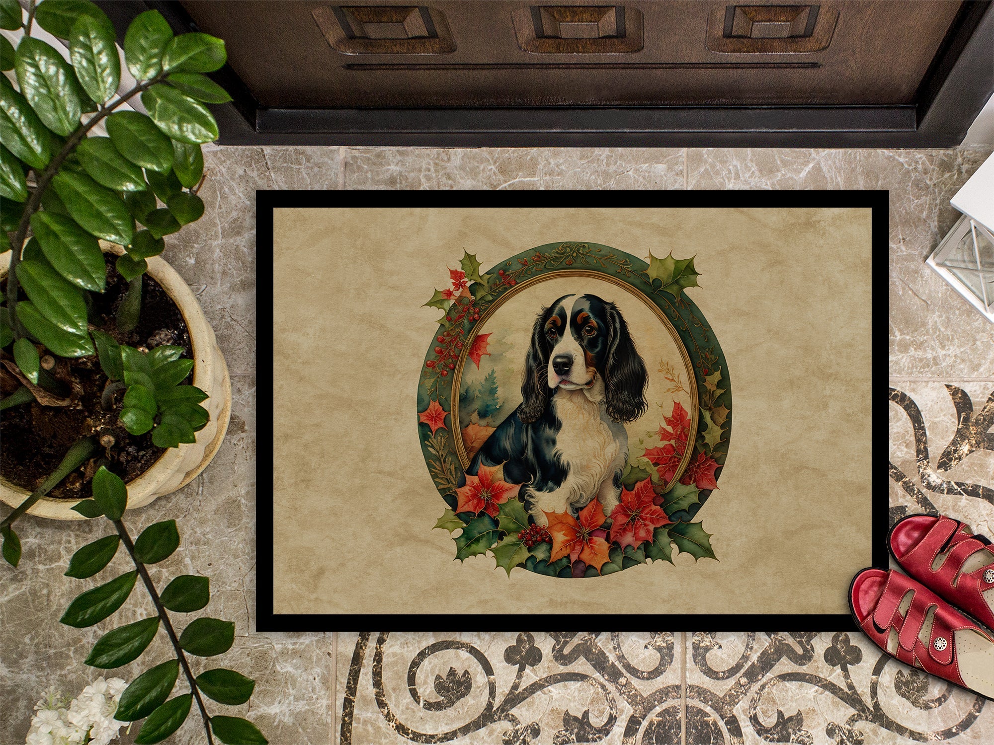 English Springer Spaniel Christmas Flowers Doormat Indoor Outdoor 24H X 36W Front Door Mat Rugs for Entryway, Non Slip Washable Low Pile,