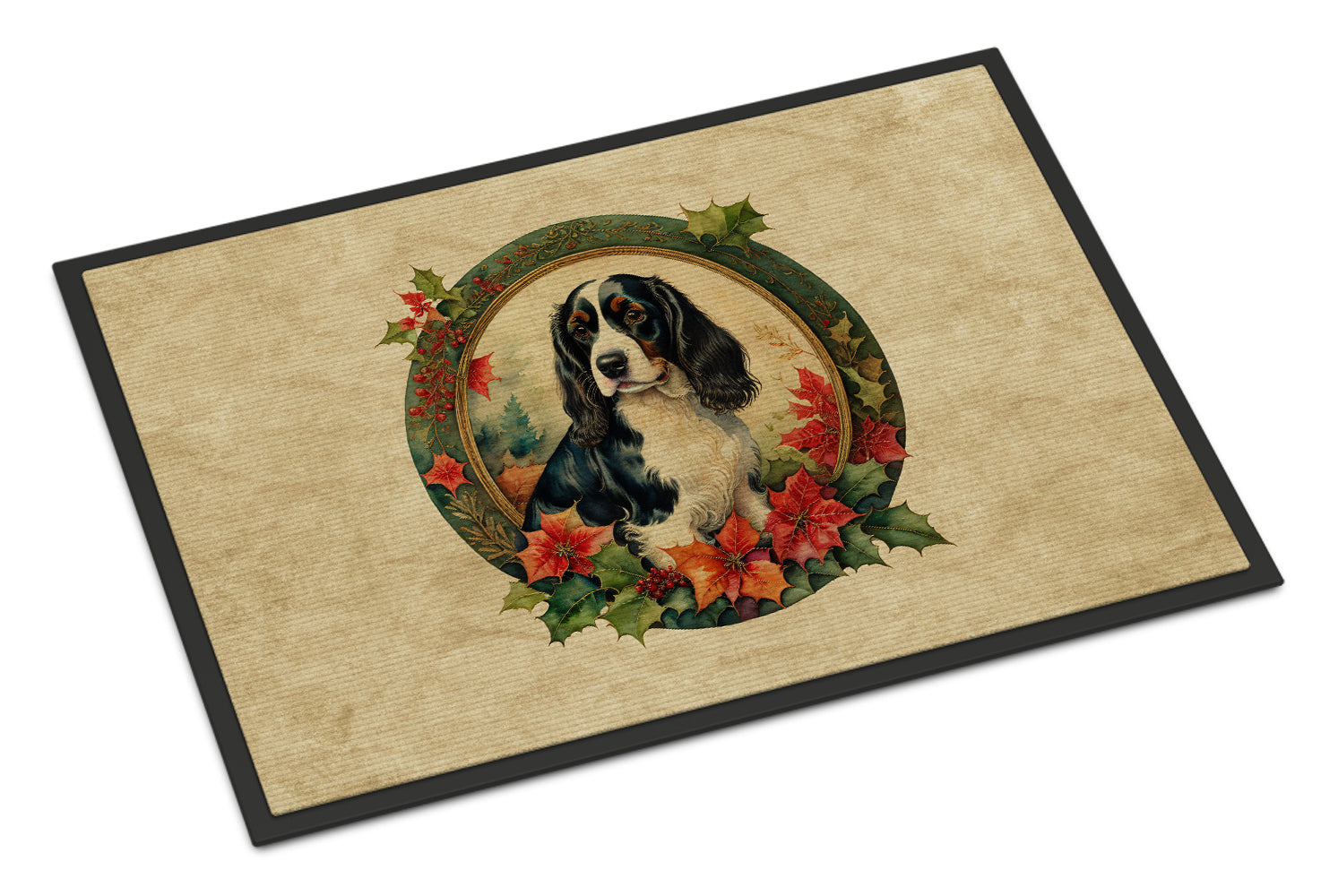 English Springer Spaniel Christmas Flowers Doormat Indoor Outdoor 18H X 27W Front Door Mat Rugs for Entryway, Non Slip Washable
