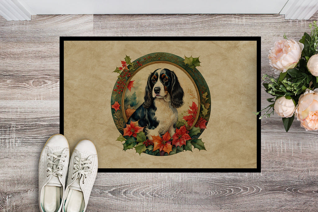 English Springer Spaniel Christmas Flowers Doormat Indoor Outdoor 18H X 27W Front Door Mat Rugs for Entryway, Non Slip Washable