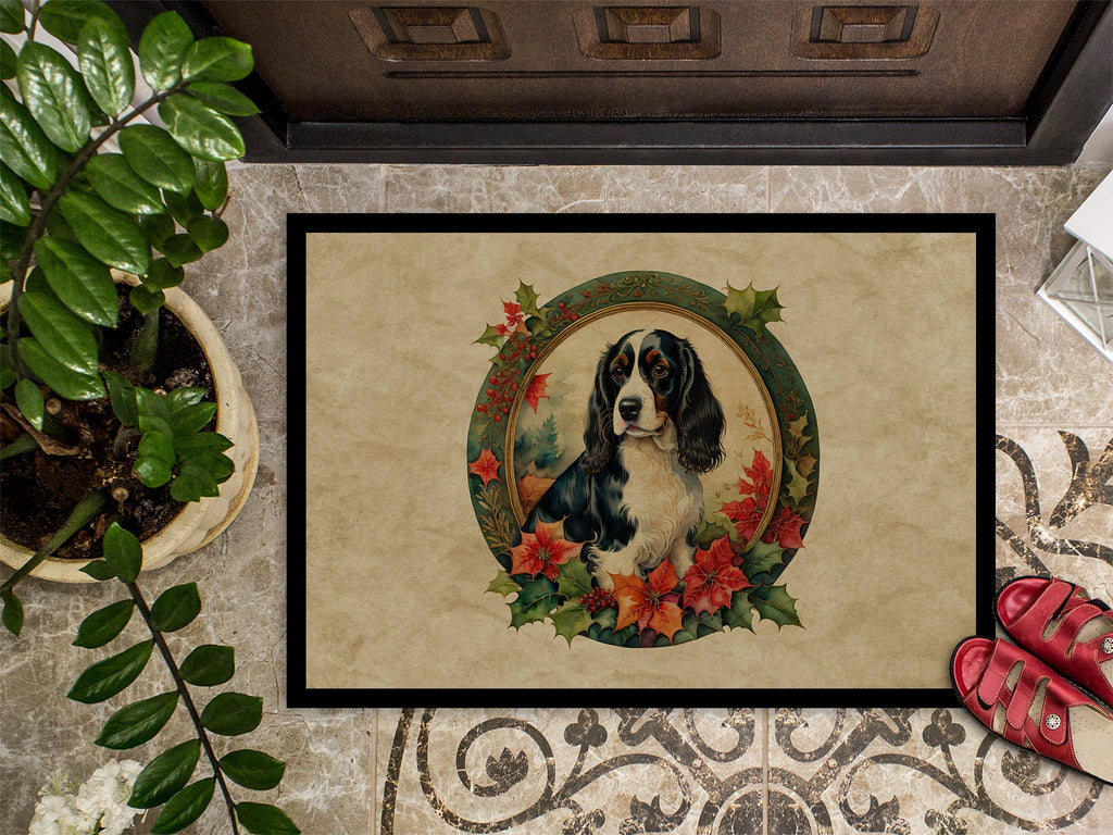 English Springer Spaniel Christmas Flowers Doormat Indoor Outdoor 18H X 27W Front Door Mat Rugs for Entryway, Non Slip Washable