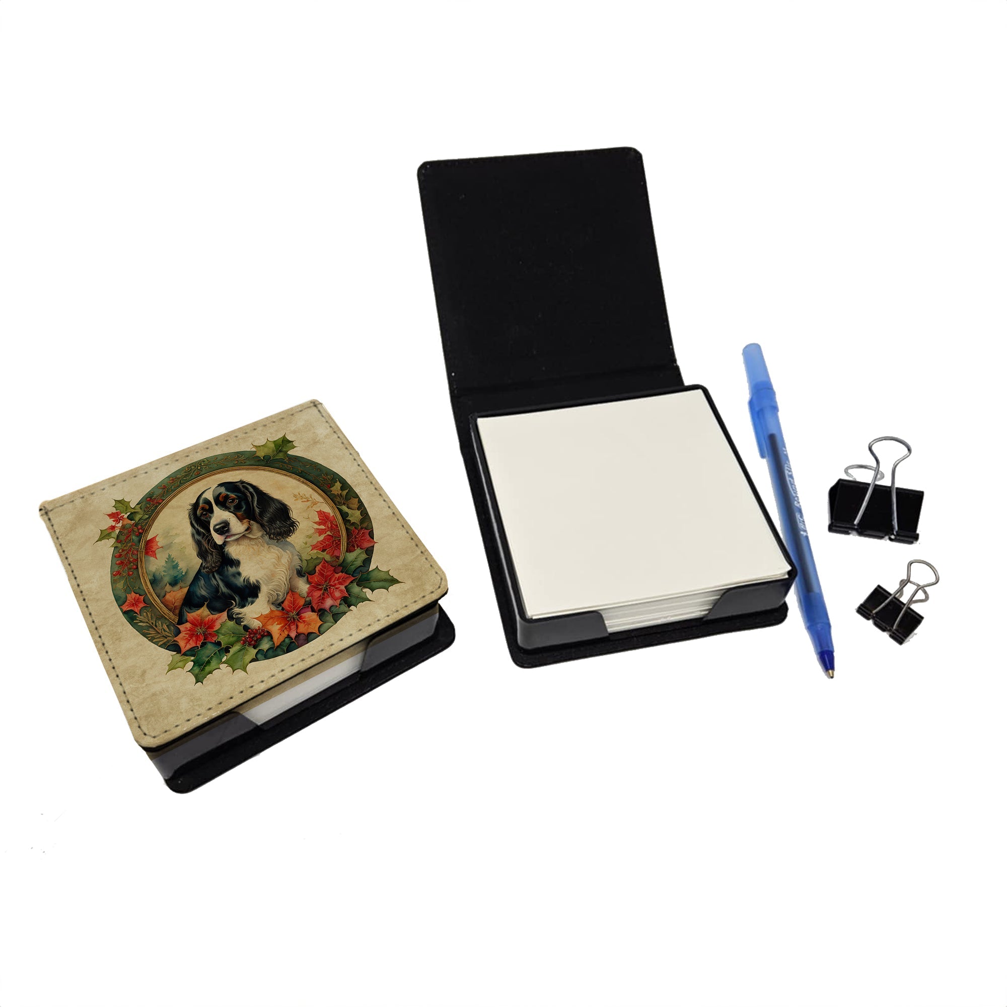 English Springer Spaniel Christmas Flowers PU Leather Note Paper Holder with Artist-Designed Cover, Desk Accessory, Office Gift